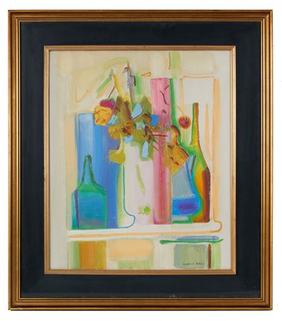 Ilario Rossi (Bologna, 15/09/1911 - Bologna, 11/10/1994) 
“Vetri e fiori secchi” 1972
Olio su tela Cm 60x50
