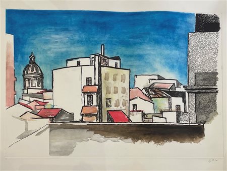 Renato Guttuso (Bagheria, 26/12/1911 - Roma, 18/01/1987) 
"Paesaggio urbano" 
Litografia a colori su carta Cm 64,5x85