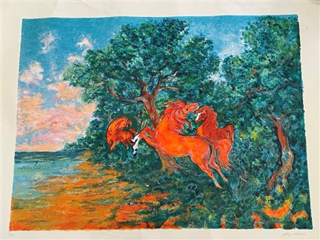 Aligi Sassu (Milano, 17/07/1912 - Pollença , 17/07/2000) 
 "Tre cavalli" 
Litografia a colori su carta Cm 93,5x120