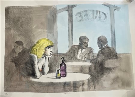 Alberto Sughi (Cesena , 05/10/1928 - Bologna, 31/03/2012) 
"Donna al bar" 
Litografia a colori su carta Cm 65,5x86,5