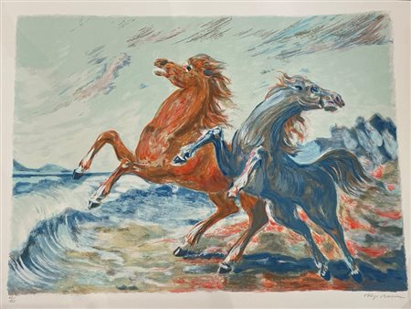 Aligi Sassu (Milano, 17/07/1912 - Pollença , 17/07/2000) 
"Cavalli in riva al mare" 
Litografia a colori su carta Cm 65x87