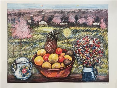 Michele Cascella (Ortona, 07/09/1892 - Milano, 31/08/1989) 
"Natura morta con cesto" 
Litografia a colori su carta Cm 65,5x86
