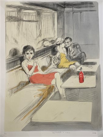 Alberto Sughi (Cesena , 05/10/1928 - Bologna, 31/03/2012) 
"Donne al bar" 
Litografia a colori su carta acquerellata a mano Cm 87x65,5