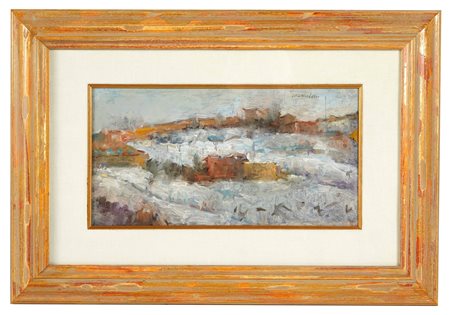 Norma Mascellani (Bologna, 03/07/1909 - Bologna, 07/12/2009) 
"Nevicata" 1986
Olio su tavola Cm 17x32,5