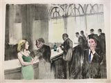 Alberto Sughi (Cesena , 05/10/1928 - Bologna, 31/03/2012) 
"Figure al bar" 
Litografia a colori su carta acquerellata a mano Cm 65x86