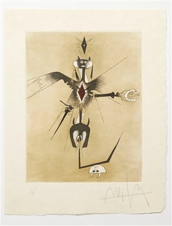 Wifred Lam (Sagua la Grande, 08/12/1902 - Parigi, 11/09/1982) 
"Croiseur Noir 4" 1972
Acquaforte e acquatinta su carta japon Cm 32,2x25
