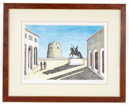 Giorgio De Chirico (Volo, 10/07/1888 - Roma, 20/11/1978) 
"Piazza d'Italia con statua equestre" 1973
Litografia a 5 colori Cm 50,5x70
