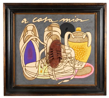 Concetto Pozzati (Vo', 01/12/1935 - Bologna, 01/08/2017) 
"A casa mia" 2008
Olio, collage e tecnica mista su tela Cm 70x80