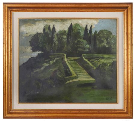 Alberto Sughi (Cesena , 05/10/1928 - Bologna, 31/03/2012) 
“Paesaggio” 
Olio su tavola Cm 60x70