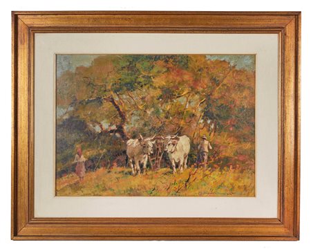 Carlo Domenici (Livorno, 18/03/1897 - Portoferraio, 29/06/1981) 
“Buoi al pascolo” 
Olio su tavola Cm 48x68