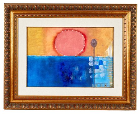 Bruno Saetti (Bologna, 21/11/1902 - Bologna, 10/07/1984) 
"Paesaggio col sole" 1981
Olio su faesite Cm 35x50