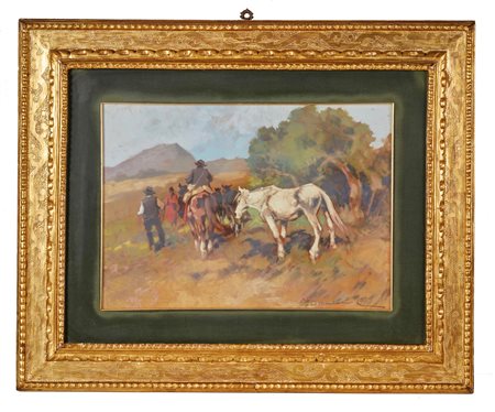 Carlo Domenici (Livorno, 18/03/1897 - Portoferraio, 29/06/1981) 
“Butteri al pascolo” 
Olio su tavola Cm 35x50