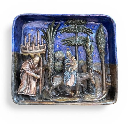 Pietro Melandri (Faenza, 1885 - Faenza, 1976) 
"Natività" 
Scultura in terracotta smaltata Cm 27x31x5