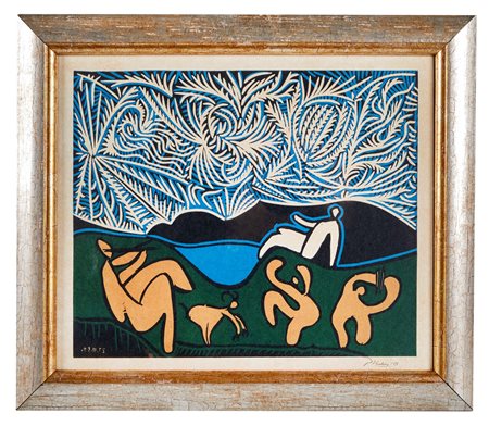 Pablo Picasso (Malaga, 25/10/1881 - Mougins, 08/04/1973) 
"Bacchanale avec Chevreau et Spectateur" 1959
 Litografia a colori su carta Cm 30x35,5