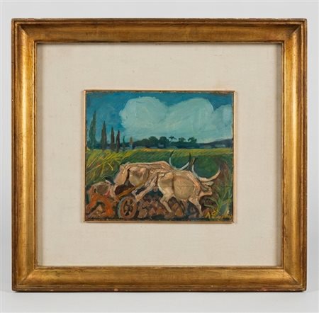 Antonio Ligabue (Zurigo, 18/12/1899 - Gualtieri, 27/05/1965) 
Aratura con buoi" 1952-1953 circa
Olio su tavola di faesite Cm 23x26