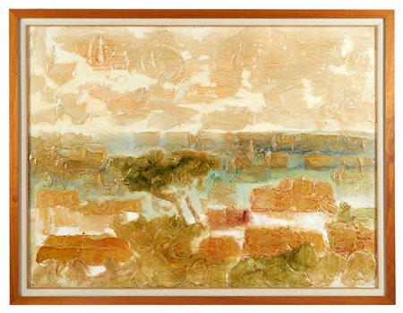 Andrea Raccagni (Imola, 1921 - Imola, 2005) 
"Paesaggio informale" 1955
Olio e materiali misti su tavola Cm 74,5x100