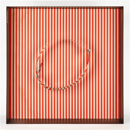 Julio Le Parc (Mendoza, 1928 - Parigi, 2026) "Cercle en contorsion sur trame rouge" 1968Scultura in metallo, carta e meccanismo a motore Cm 60x60x17