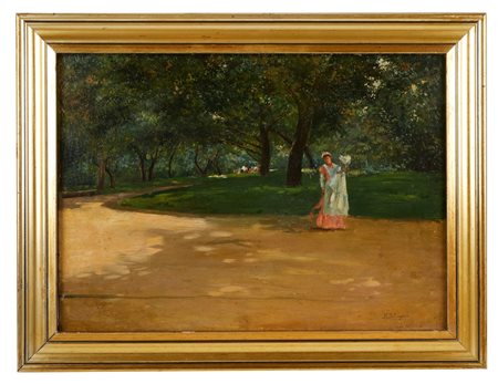 Marco De Gregorio (Resina, 1829 - Resina, 1876) 
"Giardini Margherita a Napoli" 
Olio su tela Cm 33,5x46,5