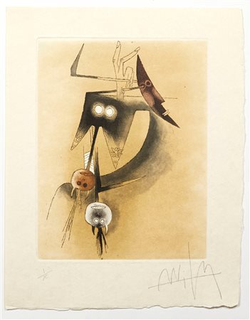 Wifred Lam (Sagua la Grande, 08/12/1902 - Parigi, 11/09/1982) 
"Senza titolo" 1972
Acquaforte e acquatinta su carta japon Cm 32,2x25