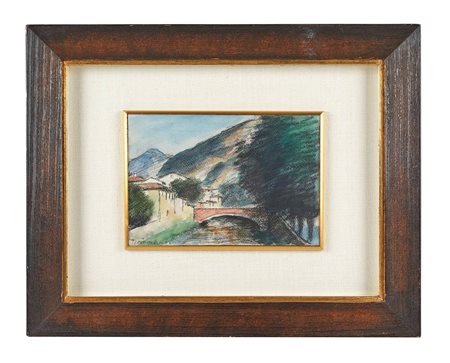 Nino Tirinnanzi (Greve in Chianti, 11/08/1923 - Greve in Chianti, 09/12/2002) 
"Paesaggio in Versilia" 1958
 Tecnica mista su carta applicata su faesite Cm 16,1x23,7