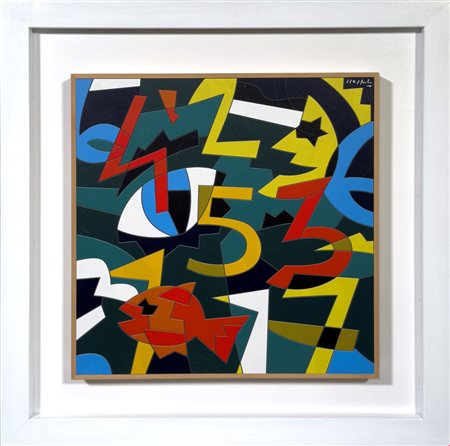 Ugo Nespolo (Mosso, 1941 - ) 
Giocare coi numeri 2024
Tecnica mista su legno intarsiato (HDF) 50x50 cm