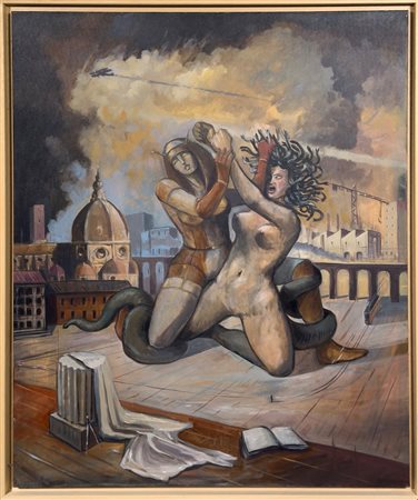 Fabrizio  Spadini  
Paesaggio urbano con gigantomachia 2022
Olio su tela 100x80 cm