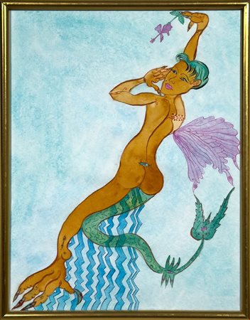 Luigi Ontani (Grizzana Morandi, 1943 - ) 
Bello Balinese Mare Made 1998/2003
Acquarello su carta in cornice oro 51,5x41,5 cm