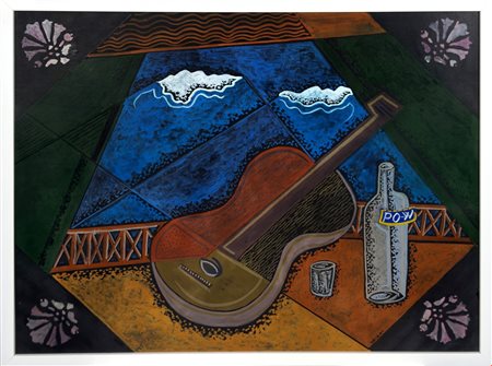 Pippo  Oriani  
Guitare s/table en terrasse 1965/68
Encausto su cartone telato 55,5x70,5 cm