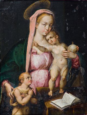 Pittore fiammingo della seconda metà del sec. XVI Madonna con il Bambino e...