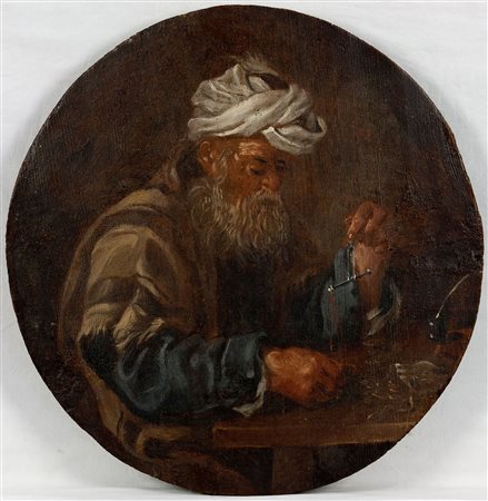 Pittore Olandese della seconda metà del sec. XVII Uomo che pesa dell'oro,...