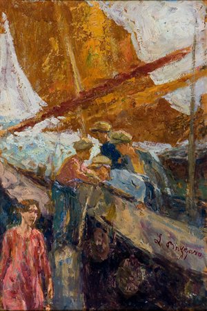 Leonardo Bazzaro (1853-1937) Pescatori Olio su tavola cm 60x40 Firma in basso...