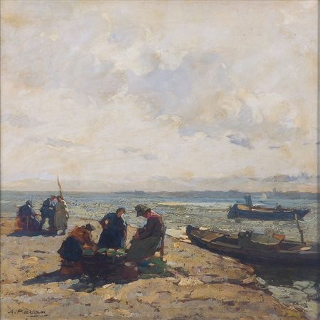 Angelo Pavan (1893-1945) Pescatori sulla spiaggia Olio su tavola cm 30x30...