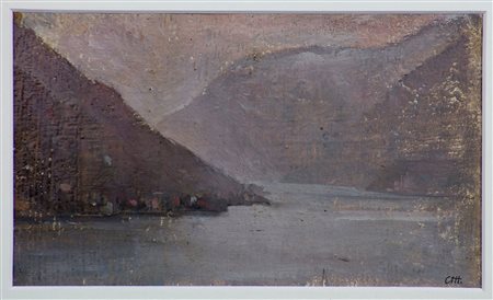 Pietro Annigoni (1910-1988) Lago di Como, 1970 ca Olio su tavola cm 10x17...