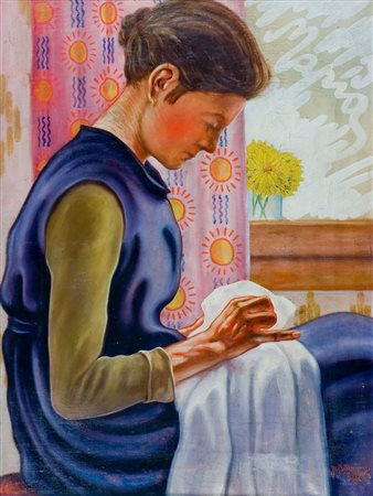 Juti Ravenna (1897-1972) La ragazza nel retro che cuce, 1920 Olio su tela cm...