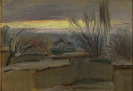 Nikolaj Karahan (1900-1970) Tramonto in città, 1940 olio su cartone rigido cm...