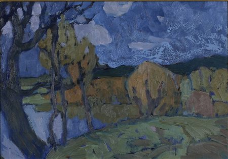 Svetlana Mashinskaja (1921) Dalla collina, 1976 Olio su cartone cm 35x50...