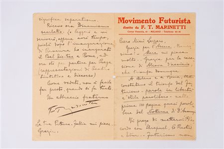 Filippo Tommaso Marinetti - Domenico Maria Lazzaro (Alessandria d’Egitto 1876 - Bellagio 1944)  - Lettera autografa firmata, 1921
