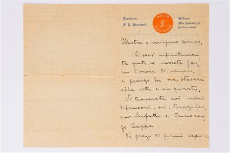 Filippo Tommaso Marinetti (Alessandria d’Egitto 1876 - Bellagio 1944)  - Lettera autografa a Capuana, 1910