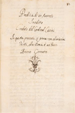 Predica di un avvento inedito Creduto del Cardinal Casini In questa presente si prova con chiarissimi testi, che Roma è un Paese Becco Cornuto, 1700