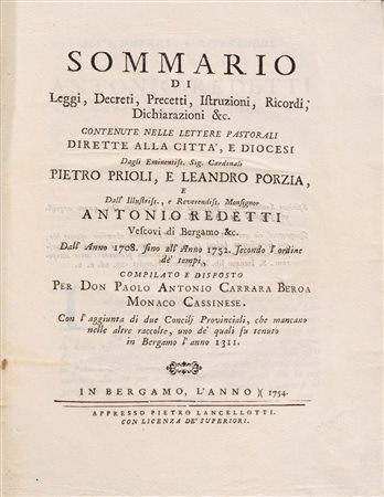 Paolo A. Carrara Beroa - Sommario di Leggi, Decreti, Precetti, istruzioni, Ricordi, Dichiarazioni &c., 1754
