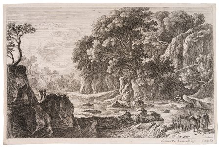 Herman  Van Swanevelt (1620 - 1690)  - Paesaggio con fiume, 1600