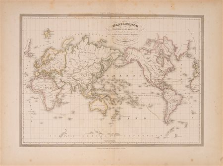 Mappamondo sulla proiezione di Mercator Indicando le rotte seguite da Diaz, Gama, Colombo e Magellano e le loro principali scoperte, 1850