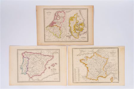 N. 3 carte geografiche della FRANCIA, SPAGNA e PORTOGALLO, OLANDA e BELGIO con la DANIMARCA, 1849