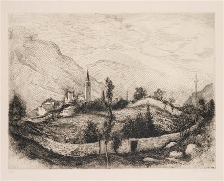 Virgilio  Tramontin (1908 - 2002)  - Veduta collinare acquaforte, 1900