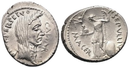 C. Iulius Caesar and P. Sepullius Macer, Denarius, 44 BC; AR (4 g; 19 mm; 3 h)