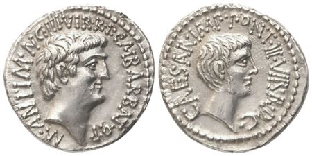Marcus Antonius and C. Caesar Octavianus with M. Barbatius, Denarius, Mint moving with M. Antonius, 41 BC; AR (3,42 g; 19,2 mm; 12 h)