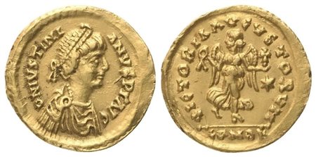 In the name of Justinian I (527-565), Uncertain King, Tremissis, Rome or Ravenna, c. 530-539; AV (1,49 g; 15,3 mm; 6 h)