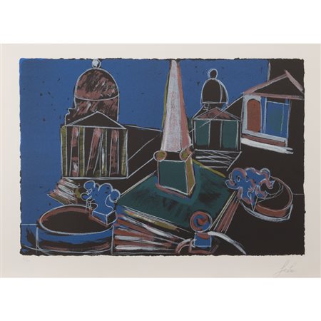 Tano Festa (Roma 1938 - 1988) "Piazza del Popolo di notte" anni '80 55,5x76...
