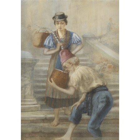 Anonimo XX Sec. 42x29,5 cm. "Scena popolare", pastelli su carta, entro cornice