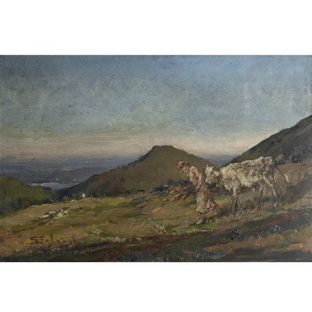 Giuseppe Solenghi (Milano 1879 - Cernobbio 1944) "Paesaggio con contadina"...